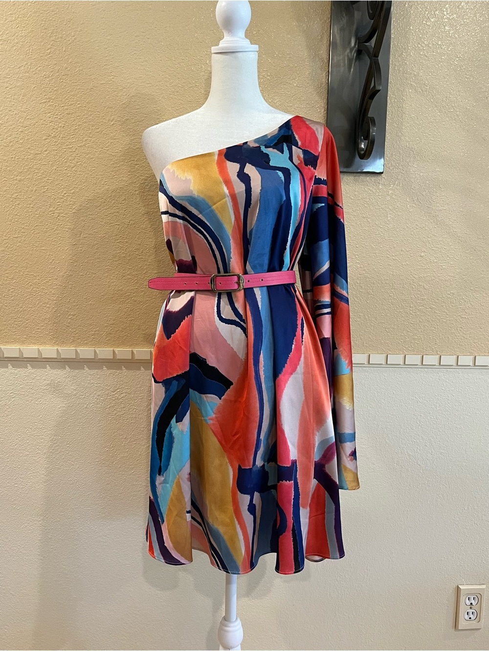 Anthropologie BHLDN one-shoulder satin mini dress. Bell sleeve. 2 pockets. M - Picture 7 of 11